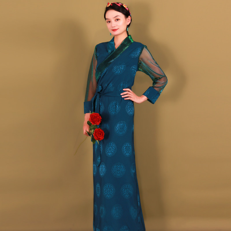 夏季装女西藏民族风服纱博拉高档锦缎袍女藏族民族服装