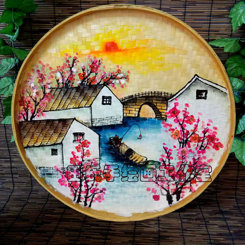 手绘簸箕画竹编制品风景挂画墙面挂件墙壁挂饰农家乐装饰田园壁饰