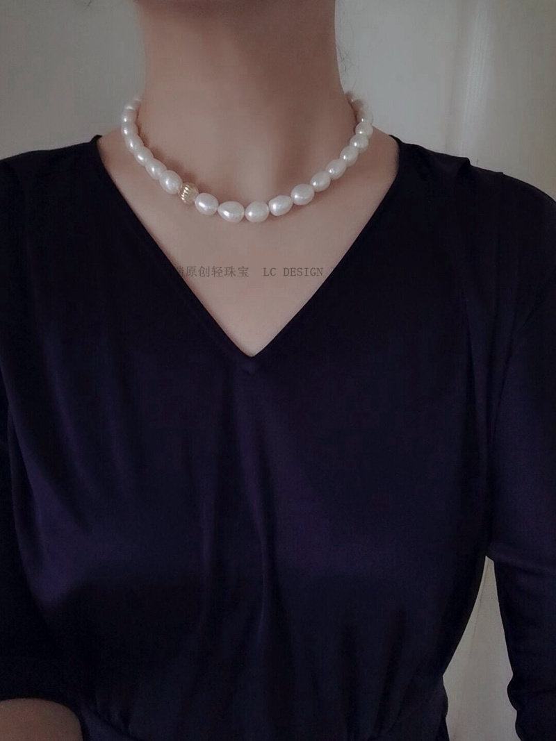 高雅珍珠不掉注金14k短颈项链淡水大气天然项链