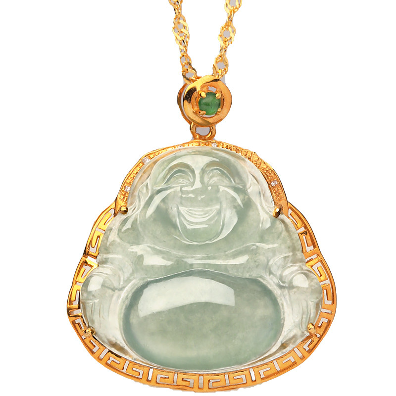 祥祯福天然翡翠吊坠女玉佛挂坠冰种晴底笑佛18k金镶玉坠弥勒佛
