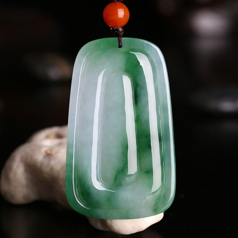 翡翠祥祯张蔚文雕刻冰糯种阳绿山水牌子吊坠挂件颈饰