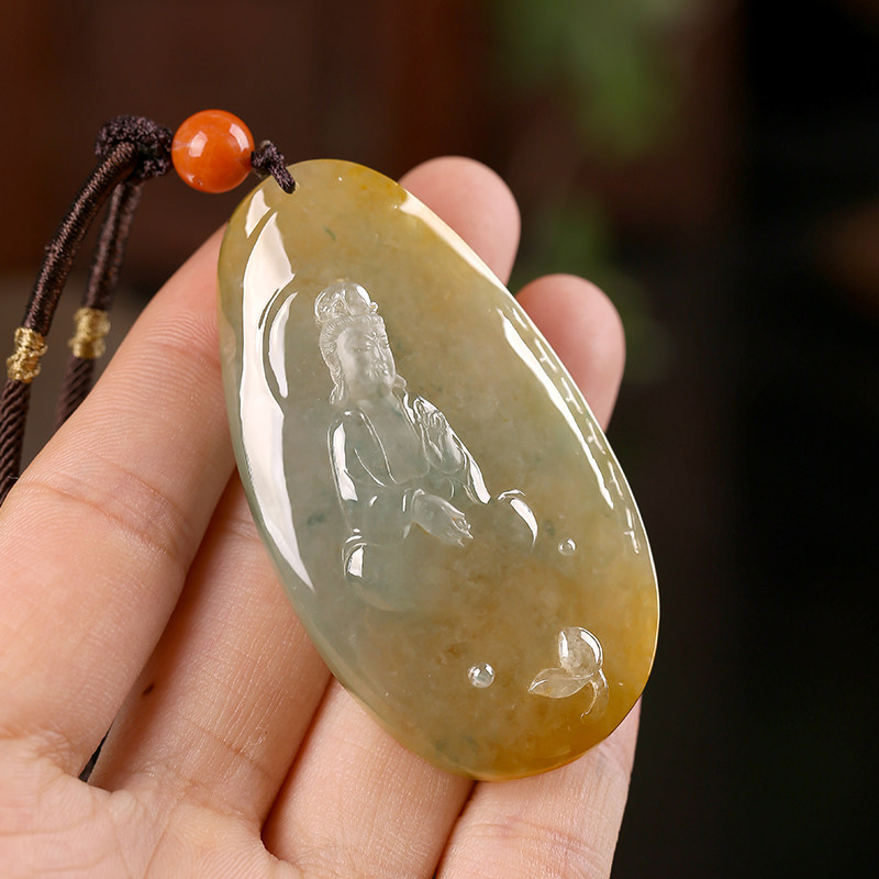 观音祥祯静莲天然翡翠吊坠冰糯种黄翡挂件玉雕大师颈饰