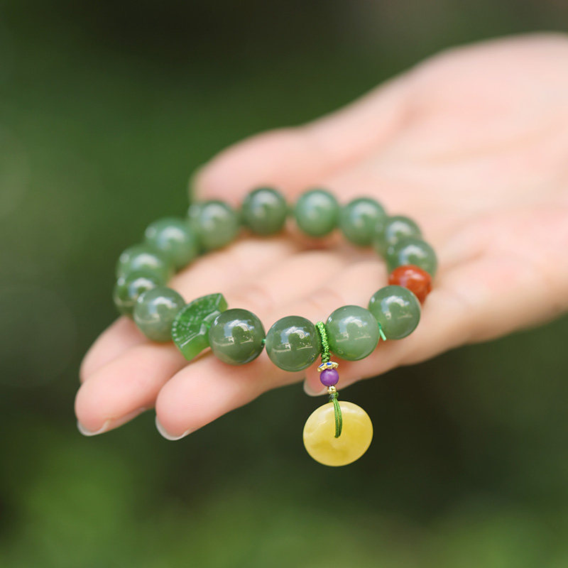 祥祯福柔情似水天然和田玉碧玉diy手串碧玉单圈手链珠径12mm