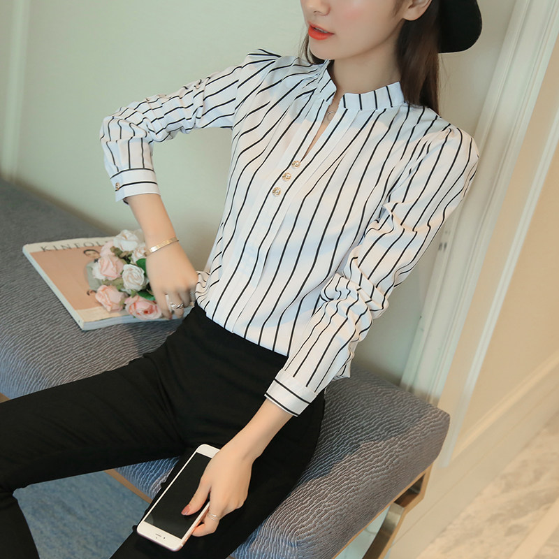 2017春装新款职业黑白竖条纹衬衫女长袖显瘦韩版修身大码女装衬衣