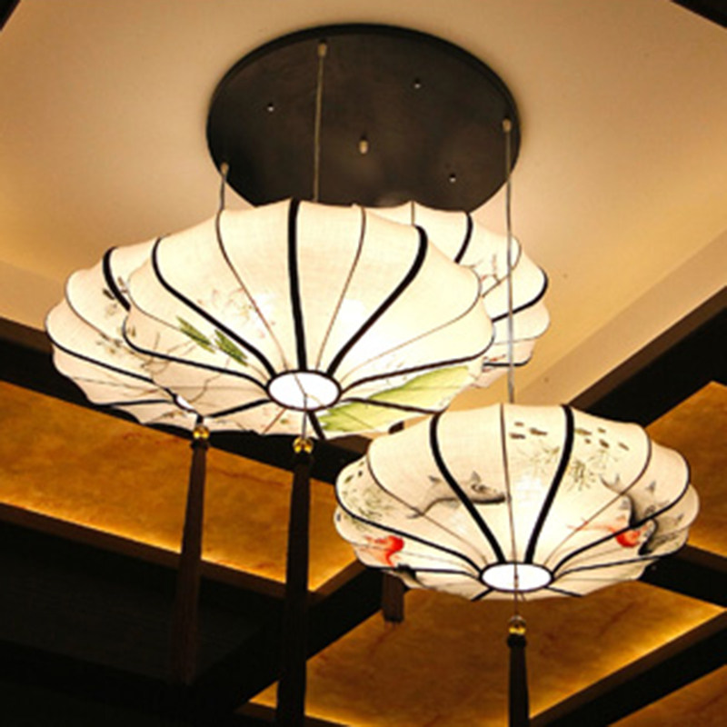 新中式茶楼会所布艺吊灯仿古手绘花鸟灯笼餐厅工程灯具艺术灯饰