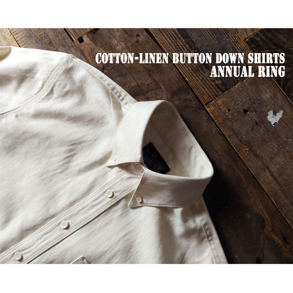 年轮AnnualRing美式复古人字纹棉麻重磅长袖休闲纽扣领衬衫男咔叽