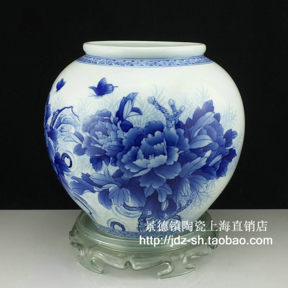 景德镇陶瓷瓷器高档手绘青花中彩内外富贵牡丹花瓶