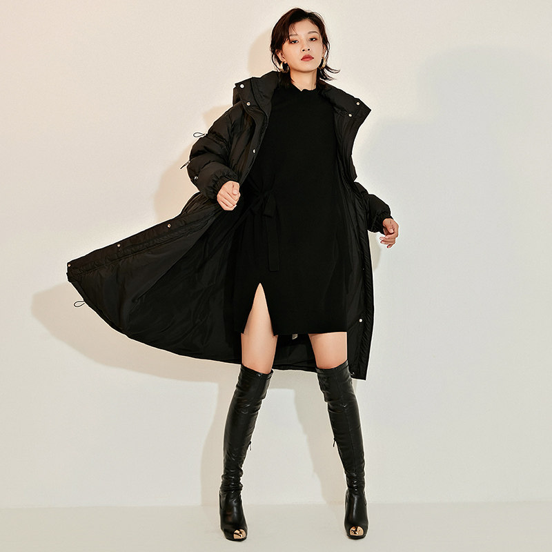 vilan慧兰韩版黑色长款羽绒服女长过膝连帽抽绳羽绒服