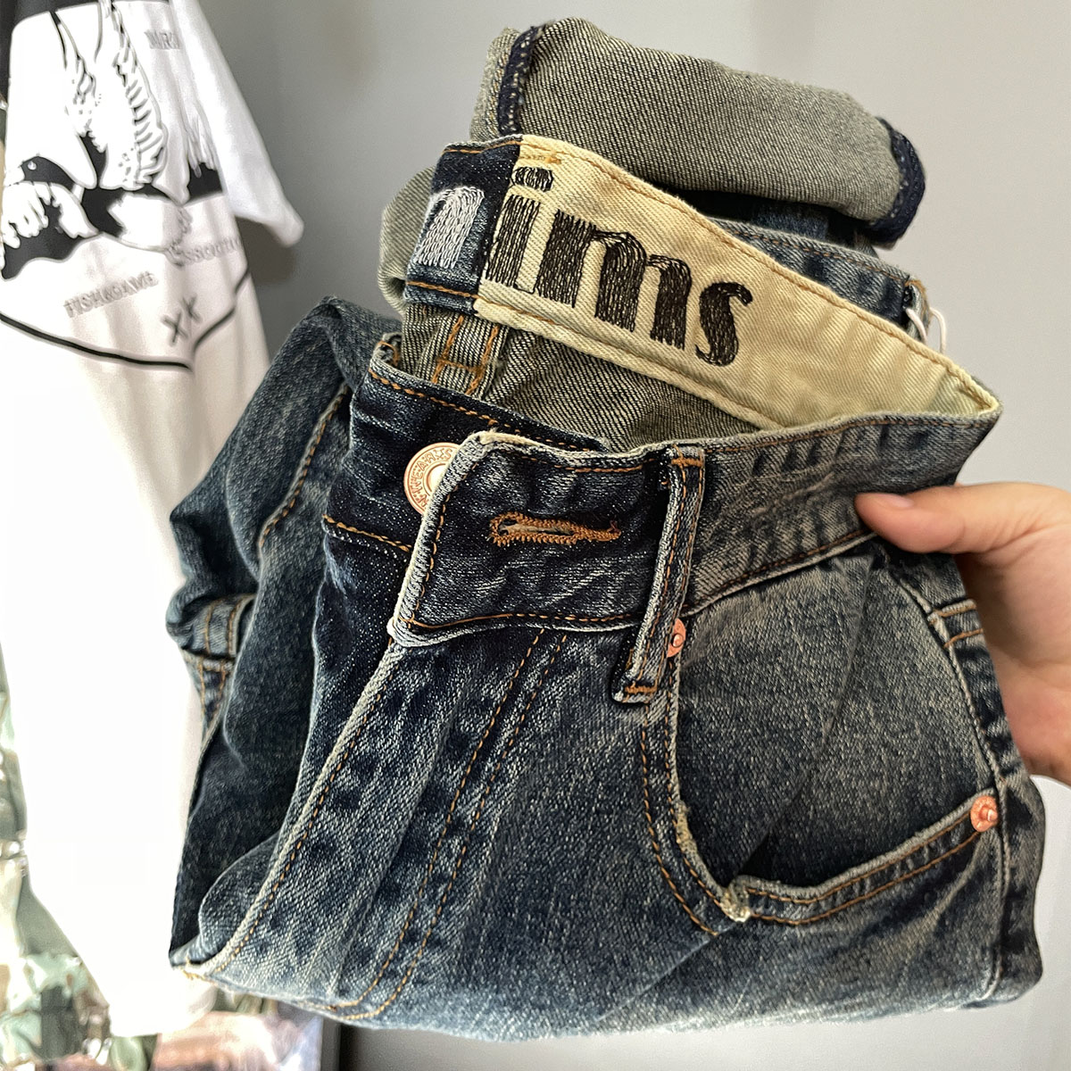 美式复古牛仔裤 定制面料 男士宽松直筒水洗做旧弹力长裤修身潮流