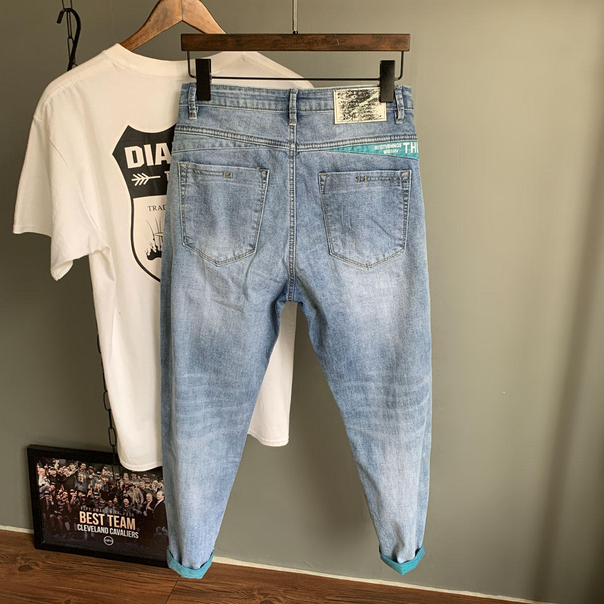 欧洲站 全棉高端水洗直筒潮牌宽松牛仔裤男9分弹裤子百搭修身休闲