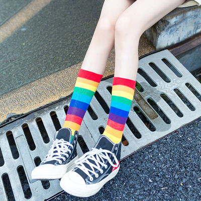 韩国彩虹袜彩色条纹小腿长袜子女潮长腰街头秋冬欧美长筒长袜可爱