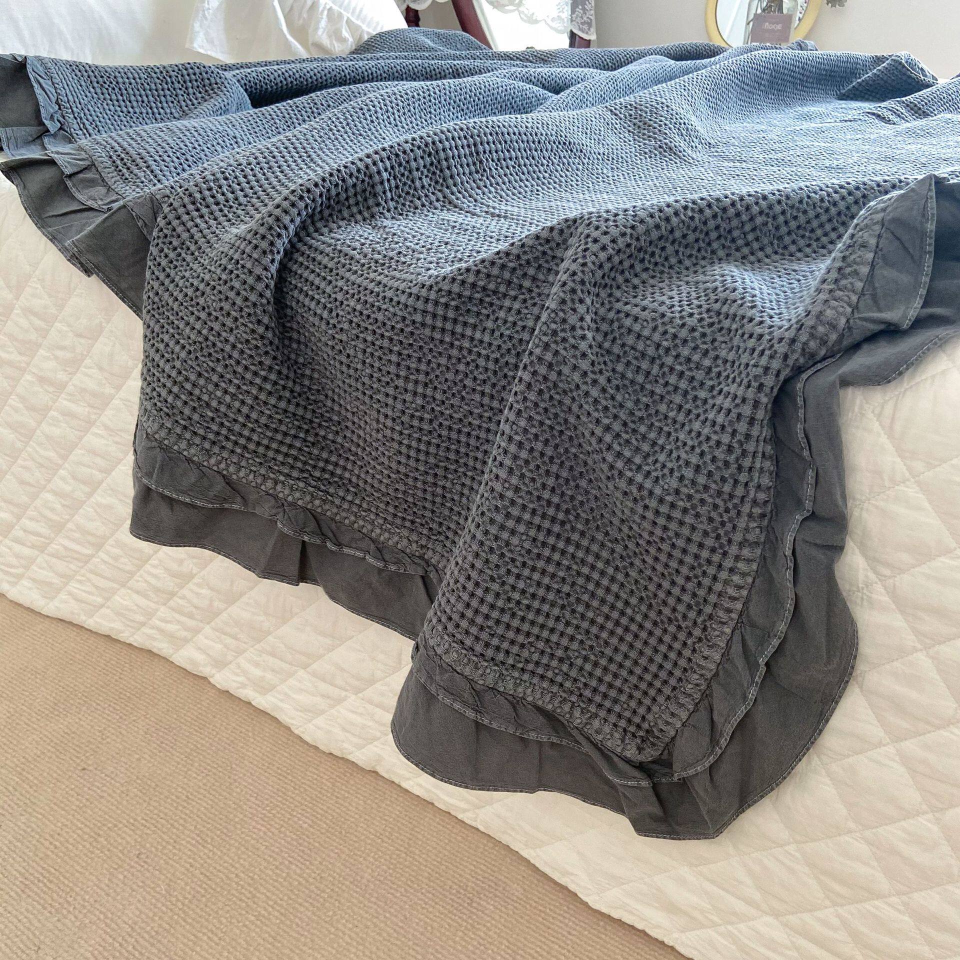 外贸出口韩国北欧欧风纯棉华夫格砂洗床盖双层花边休闲毯