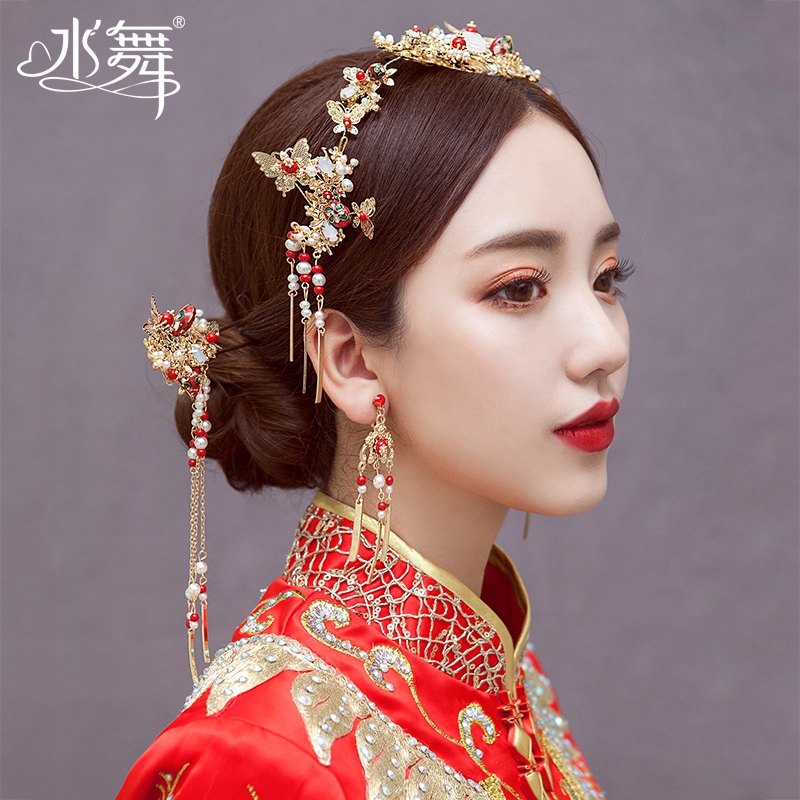 2018新款新娘古装头饰秀禾和服流苏步摇红色复古结婚发饰品套装