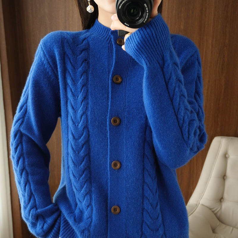 2022新款半高圆领100羊绒开衫女麻花毛衣外套羊绒衫