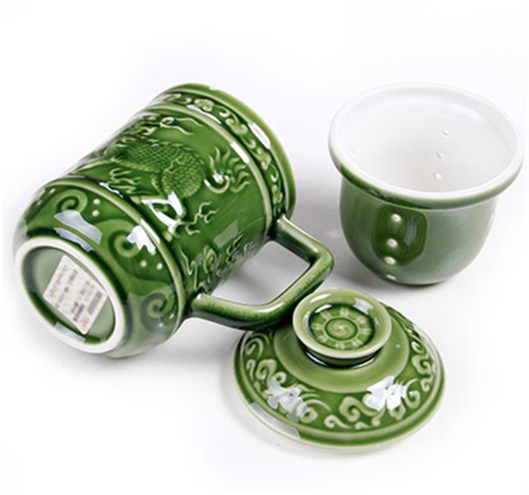 乾唐轩活瓷麒麟献瑞茶杯陶瓷中式茶漏有盖个性随手杯