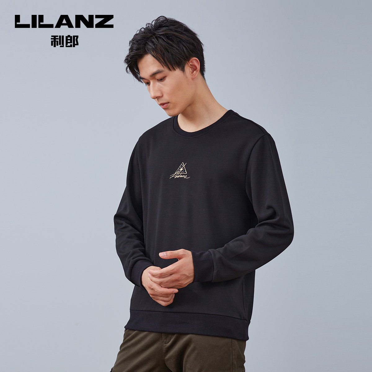 利郎官方卫衣男圆领套头长袖简约刺绣字母印花卫衣