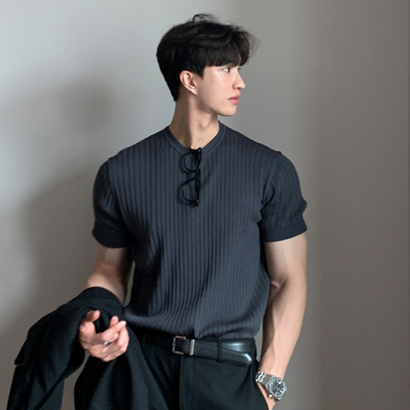2022夏季薄款针织短袖男韩版潮流休闲圆领t恤设计感小众半袖上衣
