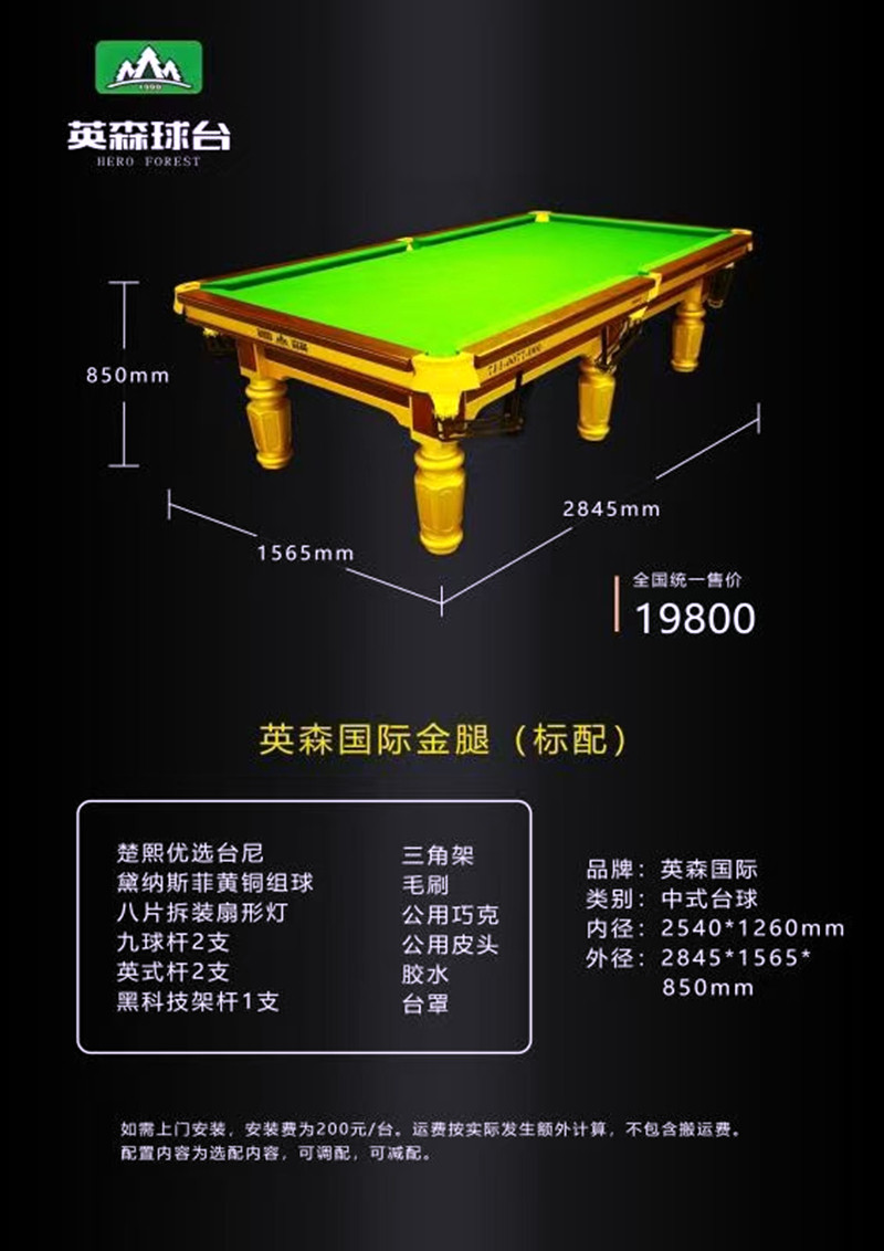 英森国际台球桌高档台球桌标准成人家用桌球台美式黑八桌亨特台球