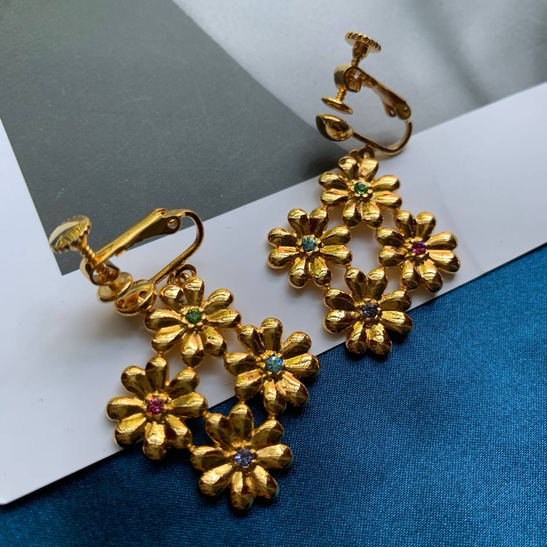 美国vintage西洋古董joanrivers彩色莱茵石金色金色耳夹