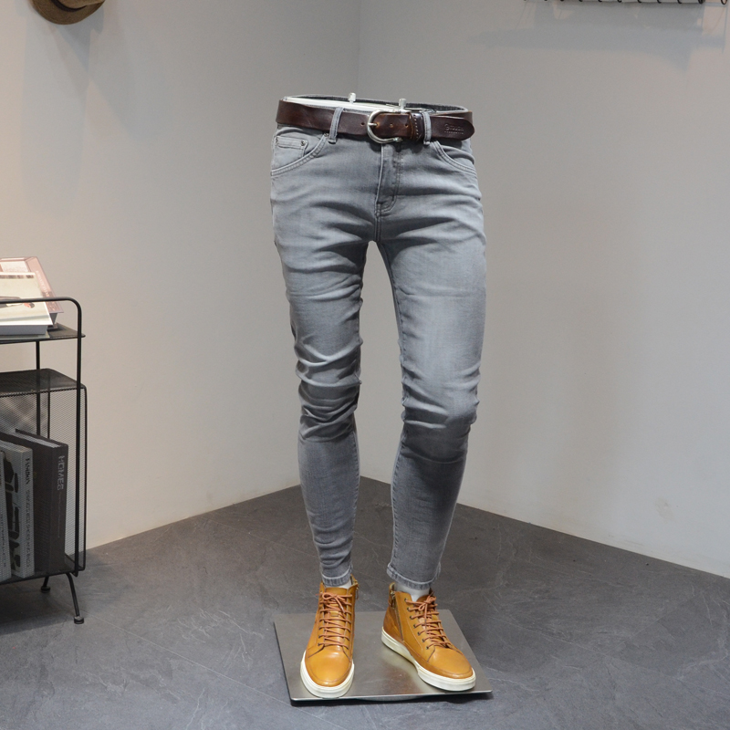 潮牌修身牛仔裤男2021新款百搭款怀旧灰小脚潮流男士中低腰牛仔裤