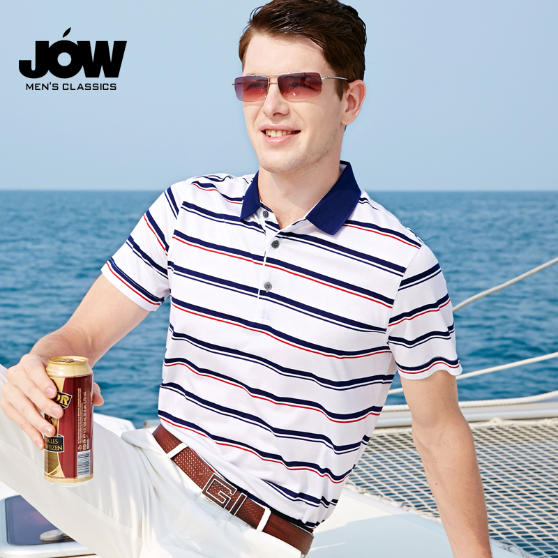 JOW/乔沃夏季新款男士桑蚕丝短袖T恤休闲条纹翻领冰丝polo衫