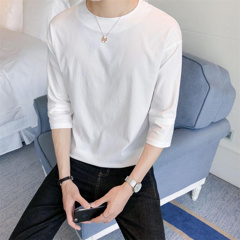 潮流男士夏季上衣韩版修身7七分袖白色内搭t恤男长袖衣服中袖秋衣