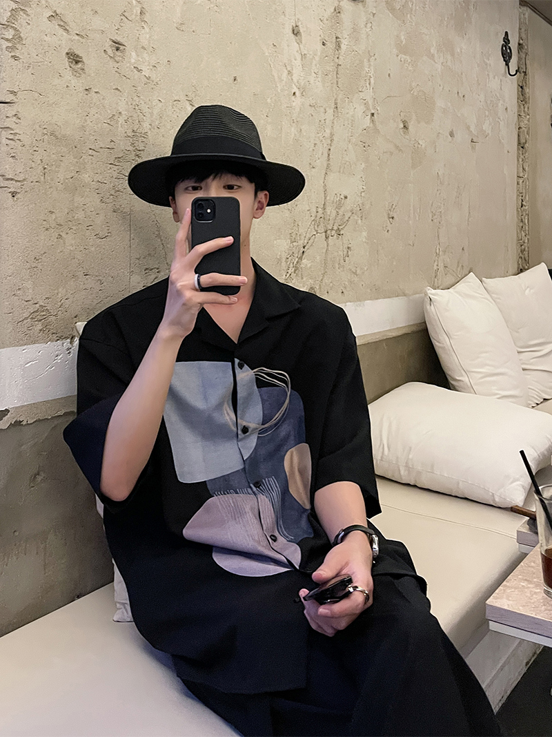 白口阳 几何元素印花短袖衬衫2022夏季薄款宽松韩版五分袖衬衣男