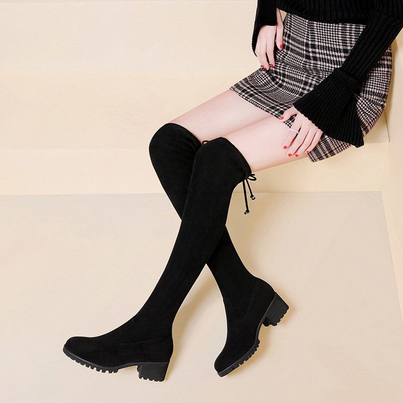 古奇天伦9170圆头粗跟纯色后拉链休闲加绒过膝长筒靴户外靴女靴子