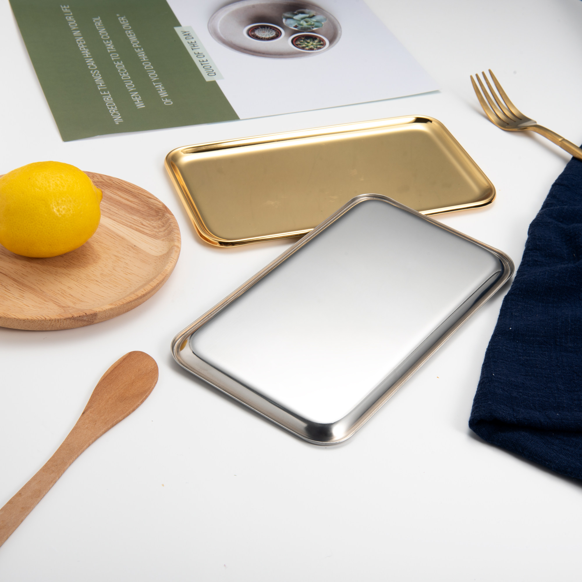 不锈钢镀金金色长方毛巾金属托盘置物盘摆件茶托碟