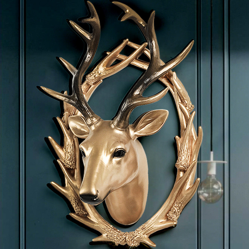欧式金色鹿角装饰招财鹿头挂件壁挂客厅背景墙壁饰