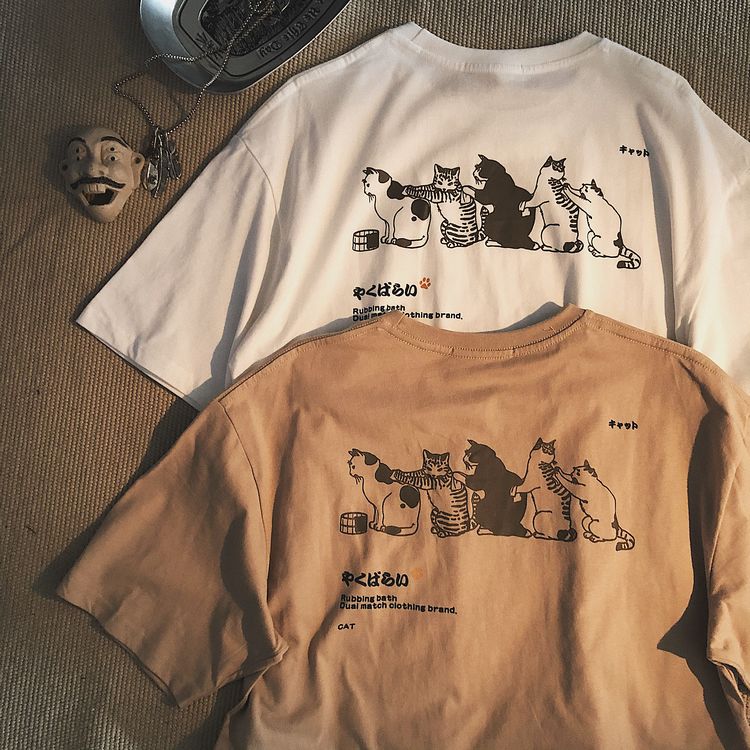 这年头小猫咪比人会撩日系卡通印花t恤阿美咔叽美式短袖情侣潮