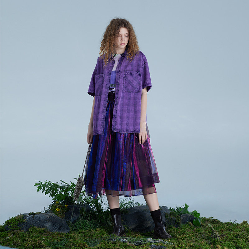 半圆原创设计女装2022春夏新款格子牛仔水洗衬衫