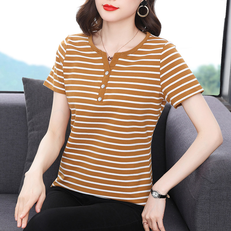 纯棉短袖t恤女夏季上衣中年妈妈夏装新款中老年半袖大码横条纹t桖