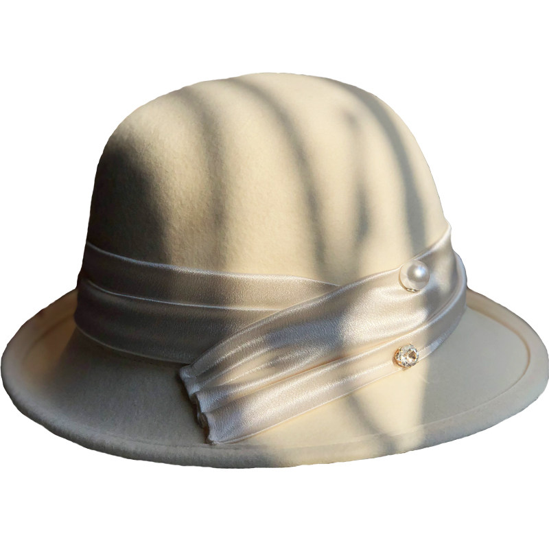 纯羊高档呢帽毛呢帽名媛优雅白色羊毛渔夫风小帽子