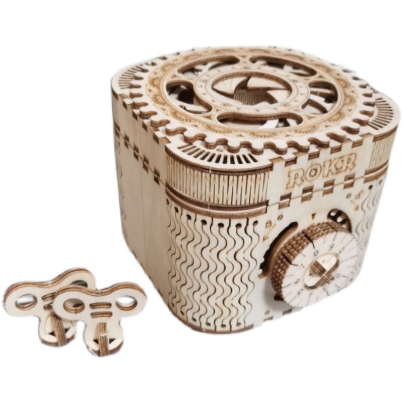 若客木质3d立体拼图diy拼装模型密码百宝首饰收纳盒复古手工礼物