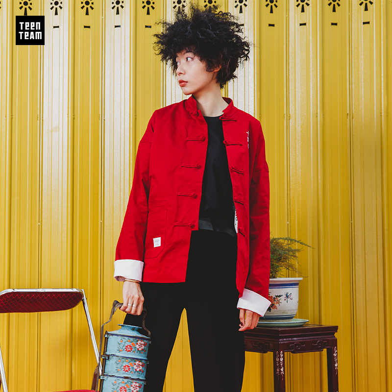 2020男士国潮复古两面穿麻将印花盘扣改良唐装中国风新年红色外套