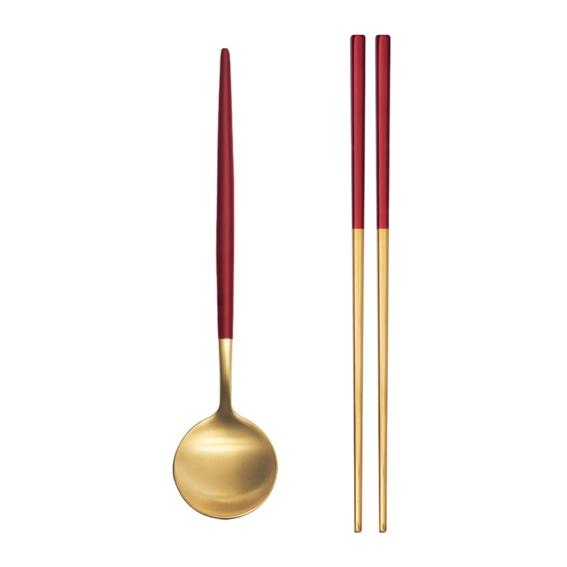 jonevee不锈钢筷子勺子组合1套304餐具调羹饭勺防霉北欧风红金色