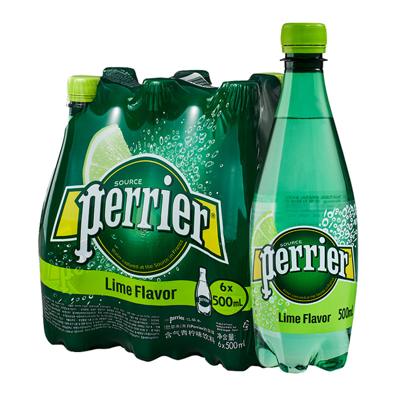进口法国巴黎perrier无糖气泡矿泉水青柠500ml6瓶气泡水