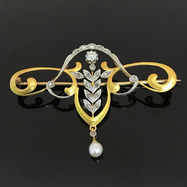 art钻石唯美花纹錾刻金雕胸针海珠nouveau天然胸针
