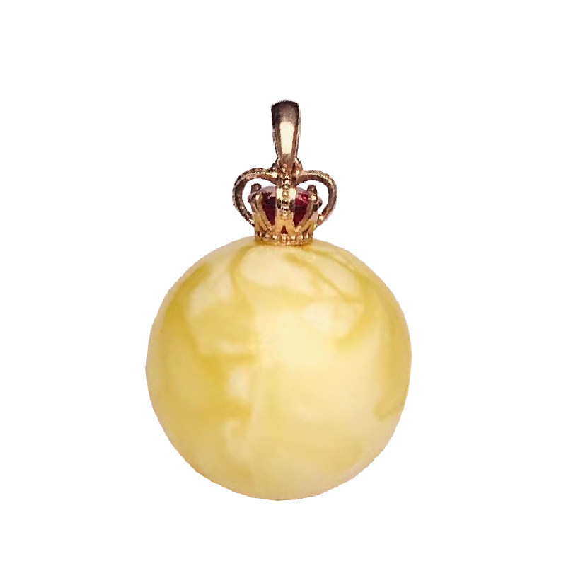 天然蜜蜡圆珠吊坠18k金红红宝石镶嵌白花蜜颈颈饰