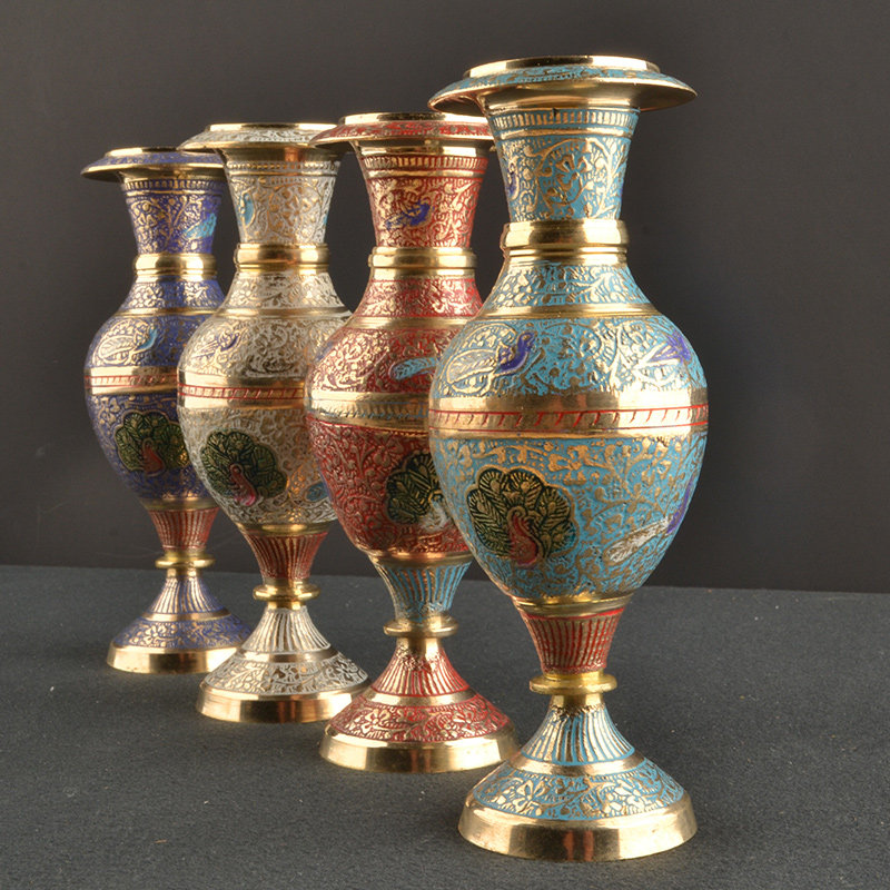 花瓶藏传印度铜器打结铜雕手工艺品孔雀漆彩礼品花瓶