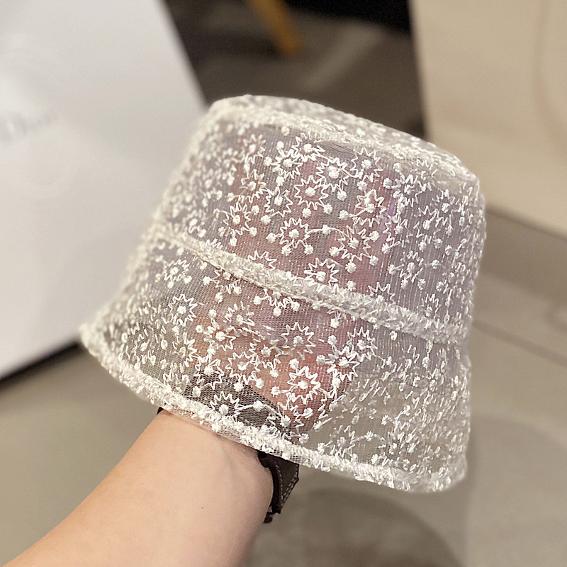 韩国潮镂空花朵蕾丝盆帽网纱白色仙女水桶帽凹造型拍照渔夫帽子夏