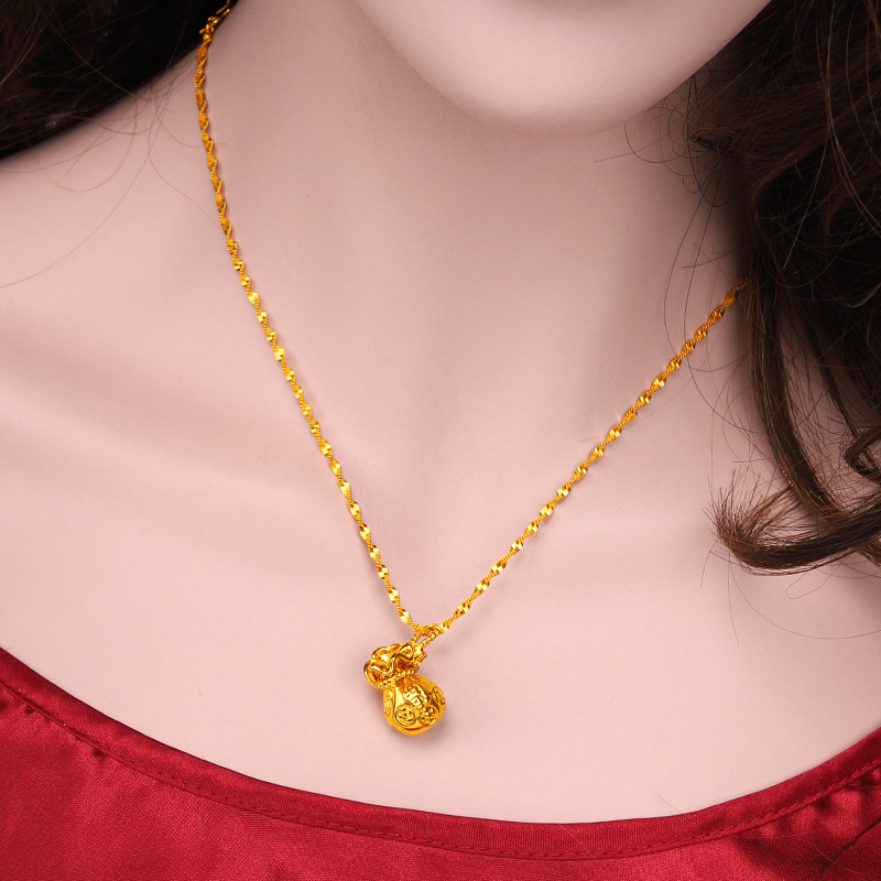 铜钱福袋沙金项链女士正宗越南镀金999黄金水波链小天鹅吊坠首饰