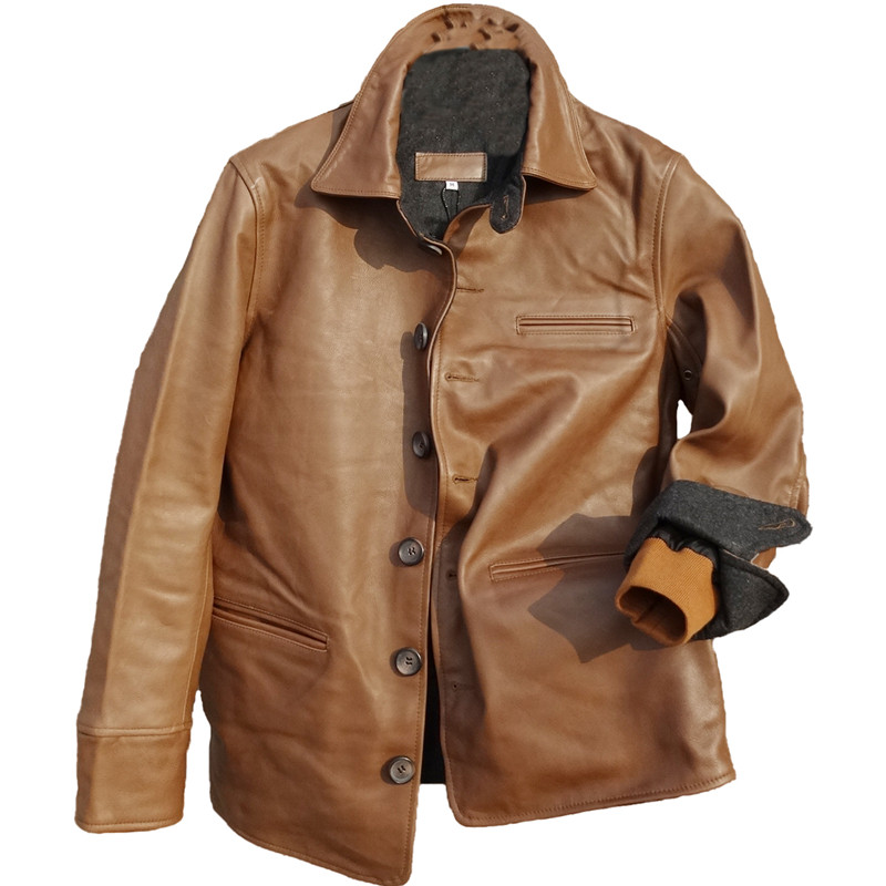 司闸员大福利无涂水牛皮真皮皮衣日系复古咔叽外套