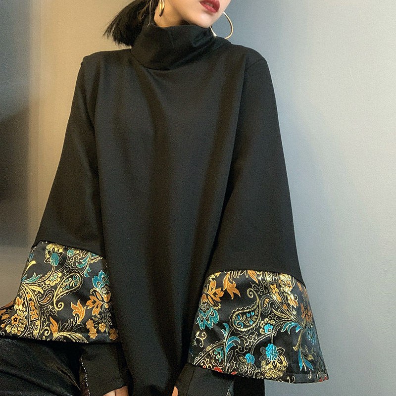 卫衣女中式上衣中国风女装复古唐装刺绣原创高领黑色显瘦套头宽松