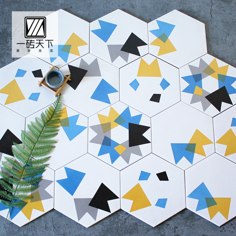 北欧彩色六角砖几何记忆碎片六边形瓷砖幼儿园卫生间墙砖厨房地砖