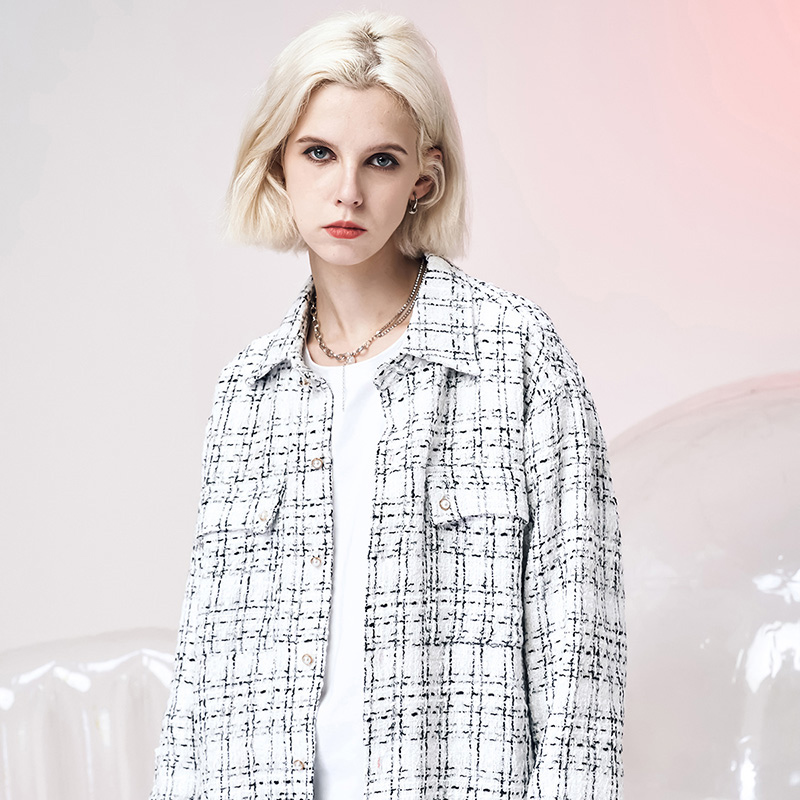 TLGIS春季白色小香风格子衬衫潮牌ins男女情侣装宽松百搭显瘦外套