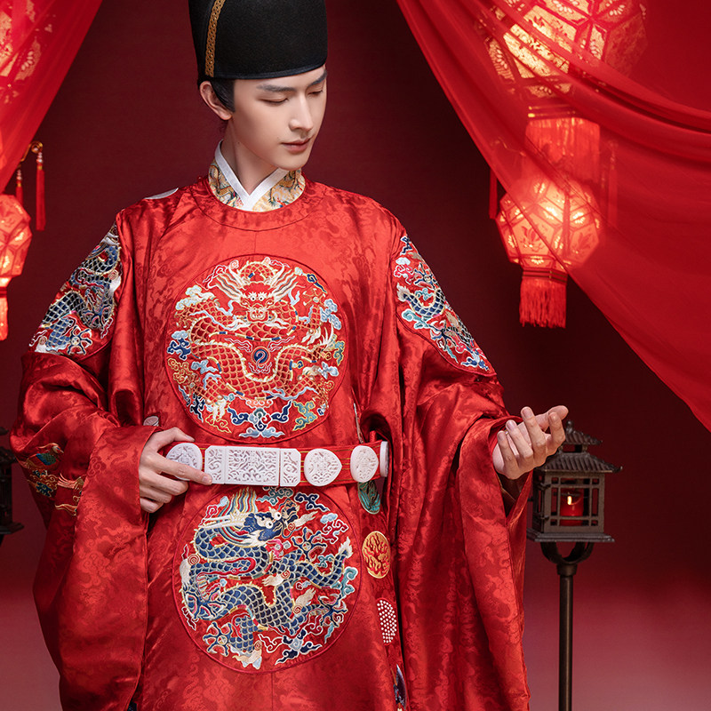 婚嫁花仙记汉服明刺绣款衮红色男款汉服套装汉服