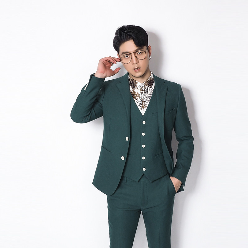 川泽定制秋冬韩版纯色休闲西服青绿色小西西装西服
