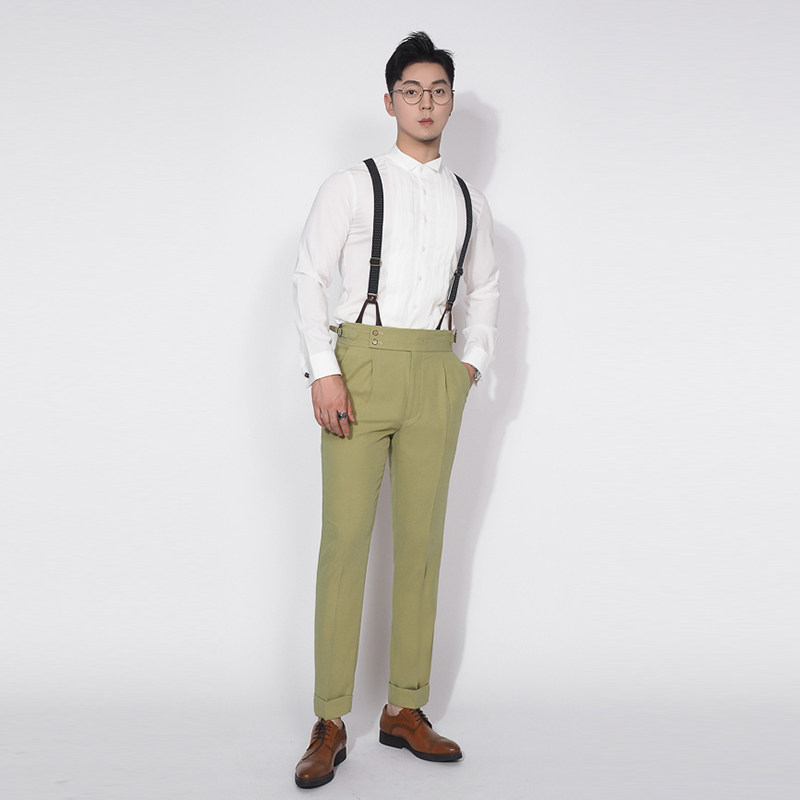 川泽男士时尚修身西裤新款夏季韩版休闲背带西裤